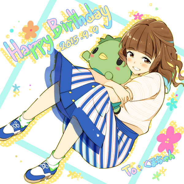 1girl, 2015, blue_skirt, blush, brown_eyes, brown_hair, character_name, dated, english, grin, happy_birthday, kakuma_ai, long_hair, long_skirt, looking_at_viewer, number, object_hug, real_life, saddle_shoes, seiyuu, shirt, shoes, silhouette, skirt, smile, solo, stuffed_kappa, white_shirt, zpolice