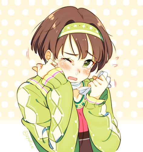 1girl, blush, brown_hair, green_eyes, hairband, hay_fever, head_tilt, holding
