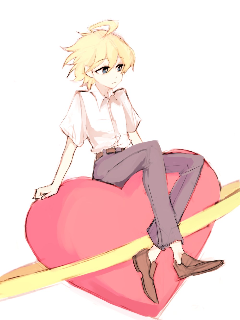 1boy, 9_2fc, ahoge, alpha_omega_nova, blonde_hair, blue_eyes, heart, highres, looking_to_the_side, male_focus, older, school_uniform, simple_background, sitting, solo, uchuu_patrol_luluco, white_background