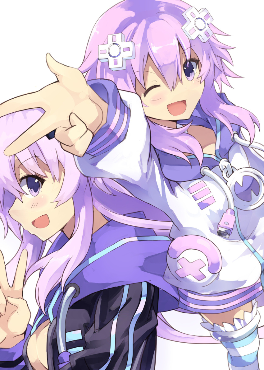 2girls, absurdres, adult_neptune, blush, d-pad, hair_ornament, highres, hood
