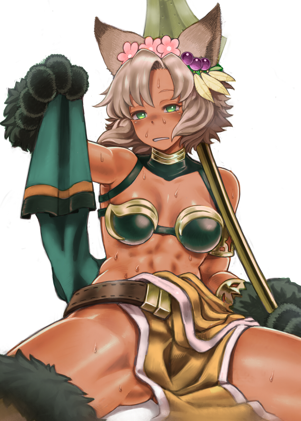 1girl, abs, animal_ears, armlet, ass_visible_through_thighs, belt, black_bikini_top, breasts
