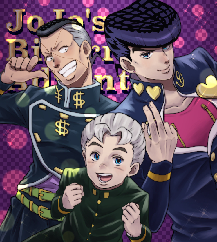 3boys, anchor_symbol, aqua_eyes, black_hair, checkered, checkered_background, clenched_hands, dollar_sign