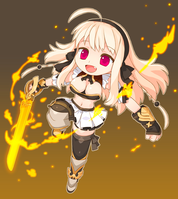1girl, ahoge, blonde_hair, breasts, cleavage, copyright_request, fang, fire, hairband, large_breasts, midriff, ran_system, red_eyes, solo, sword, thigh-highs, weapon