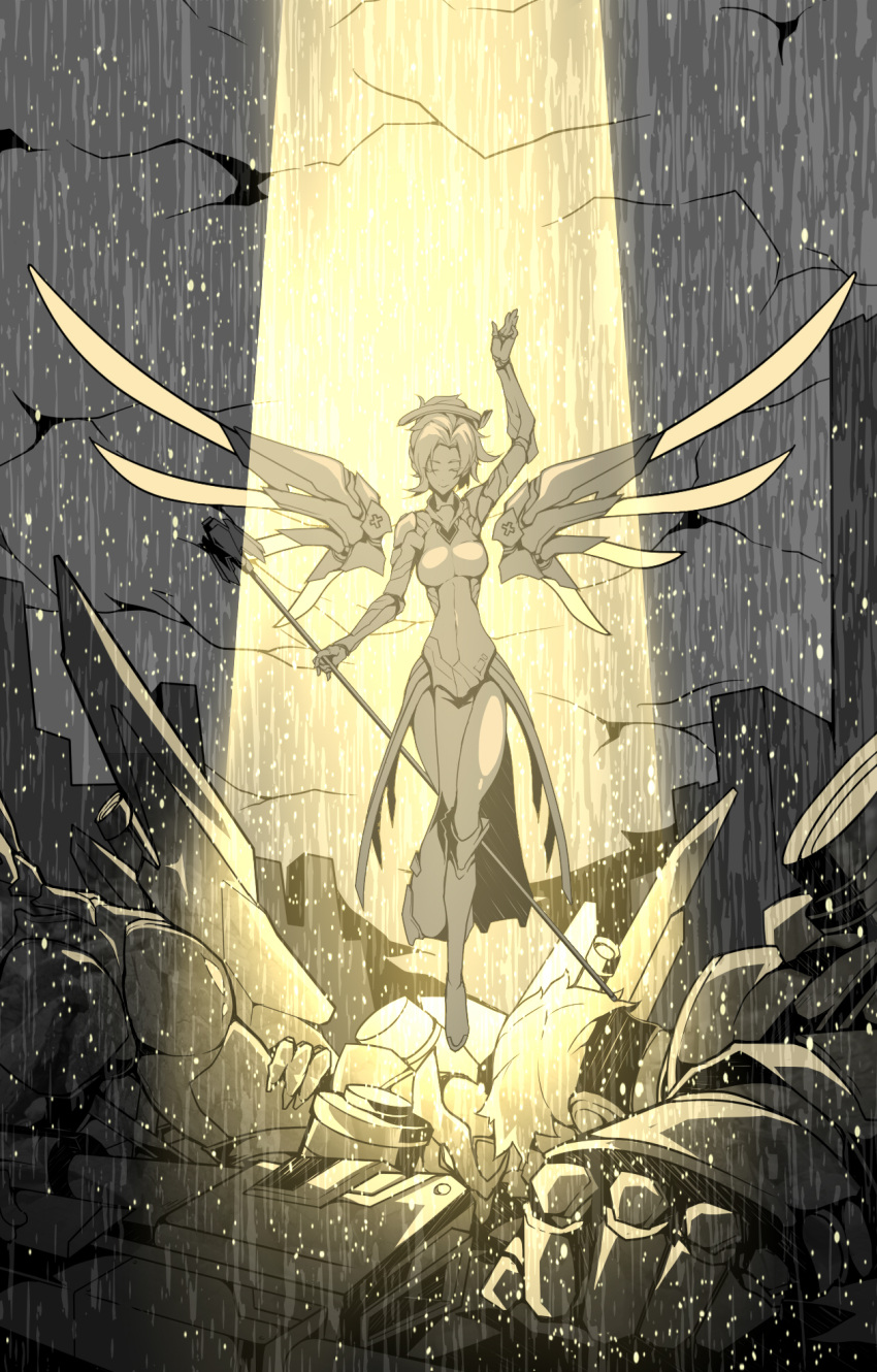 1girl, anchorage_akiko, angel, angel_wings, bastion_(overwatch), bodysuit, breasts, highres
