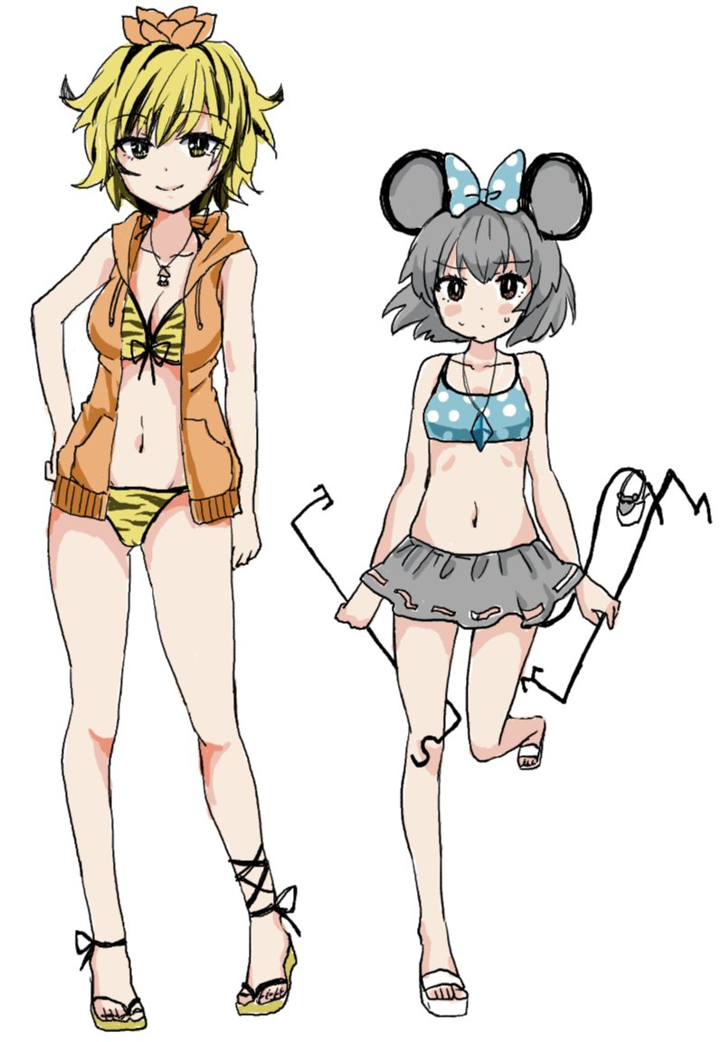 2girls, alternate_costume, animal_ears, bikini, black_hair, blonde_hair, blue_bikini, bow
