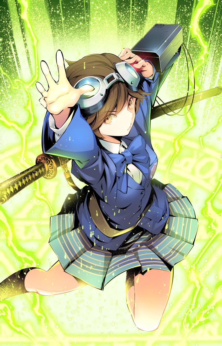 1girl, blazer, brown_eyes, brown_hair, goggles, goggles_on_head, highres, jacket