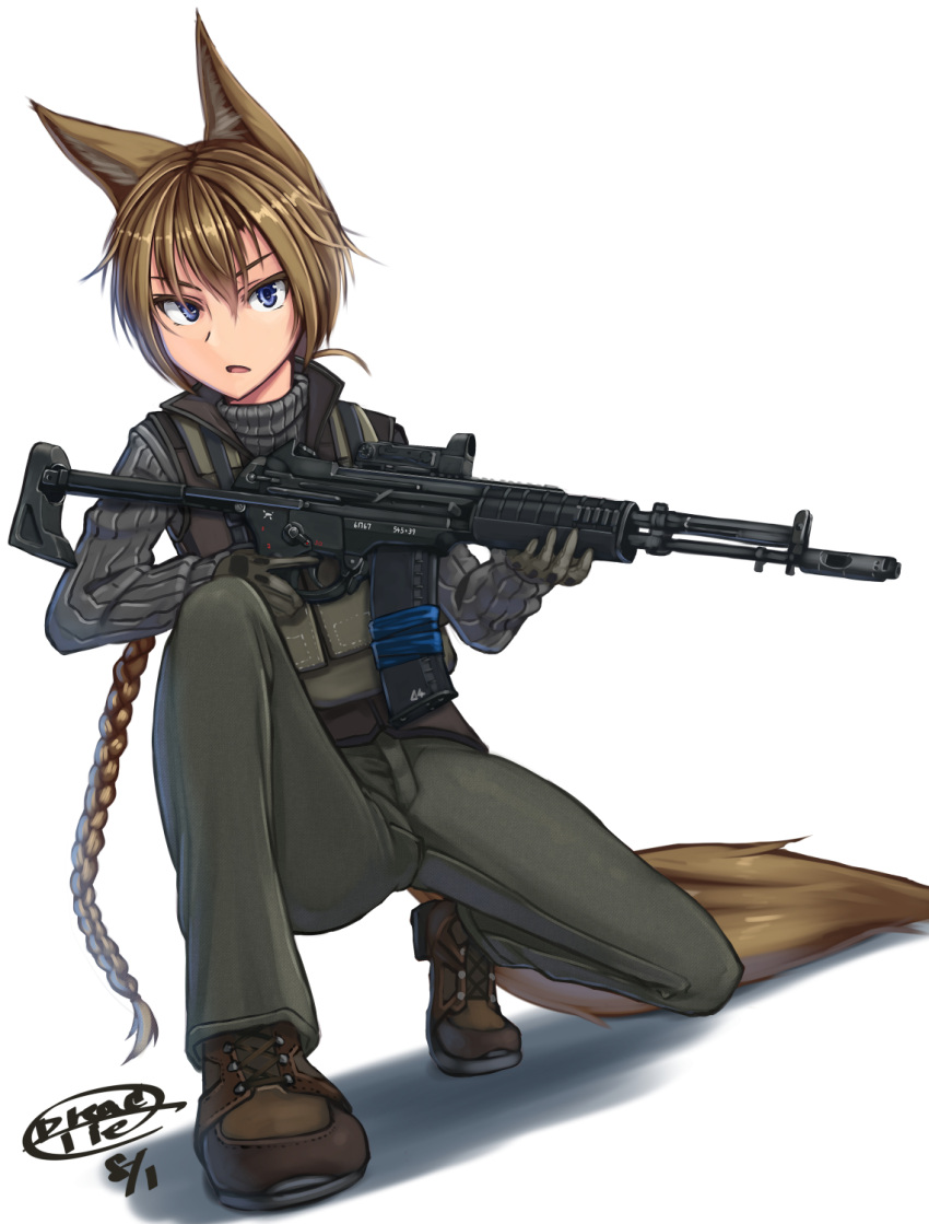 1girl, a-545, aek-971, animal_ears, assault_rifle, blue_eyes, brown_hair, dreadtie, gun, highres, long_hair, original, solo, tail, weapon