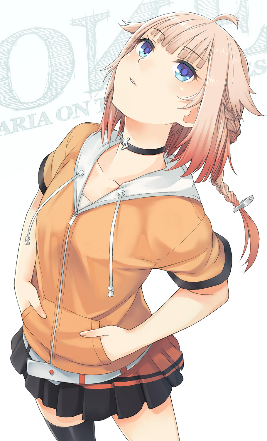 1girl, ahoge, belt, black_legwear, blonde_hair, blue_eyes, braid, breasts, cevio, character_name, choker, collarbone, cowboy_shot, from_above, hair_ornament, hands_in_pockets, highres, hood, hoodie, itou_(onsoku_tassha), looking_up, one_(cevio), parted_lips, pleated_skirt, pocket, short_sleeves, single_thighhigh, skirt, small_breasts, solo, thigh-highs, white_background, zipper