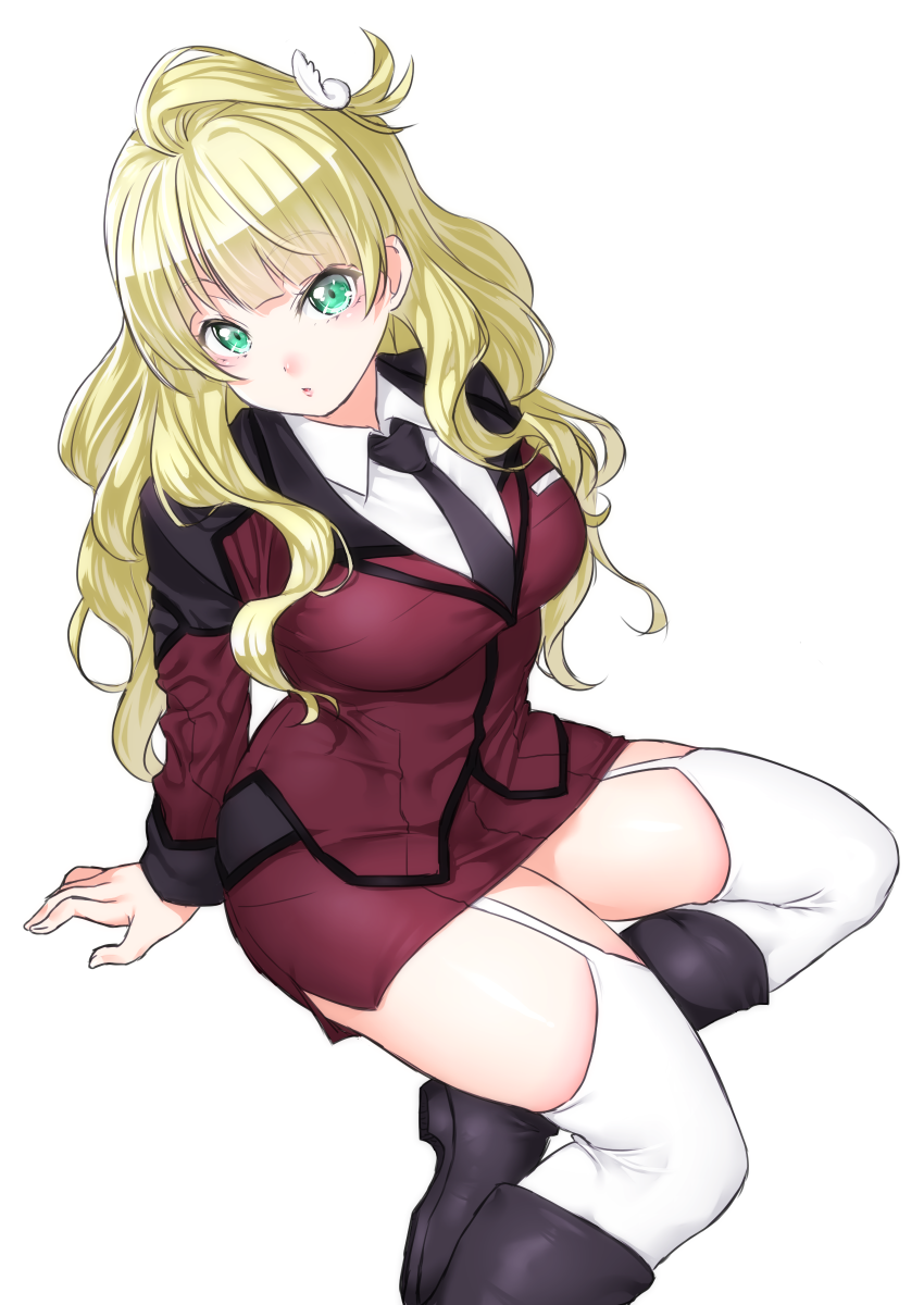 1girl, :o, active_raid, arm_support, blonde_hair, boots, breasts, emilia_edelman