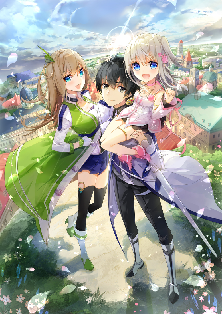 1boy, 2girls, black_hair, blue_eyes, brown_hair, carrying, fuumi_(radial_engine), long_hair, multiple_girls, open_mouth, original, petals, sheath, short_hair, silver_hair, smile, sword, thigh-highs, town, weapon
