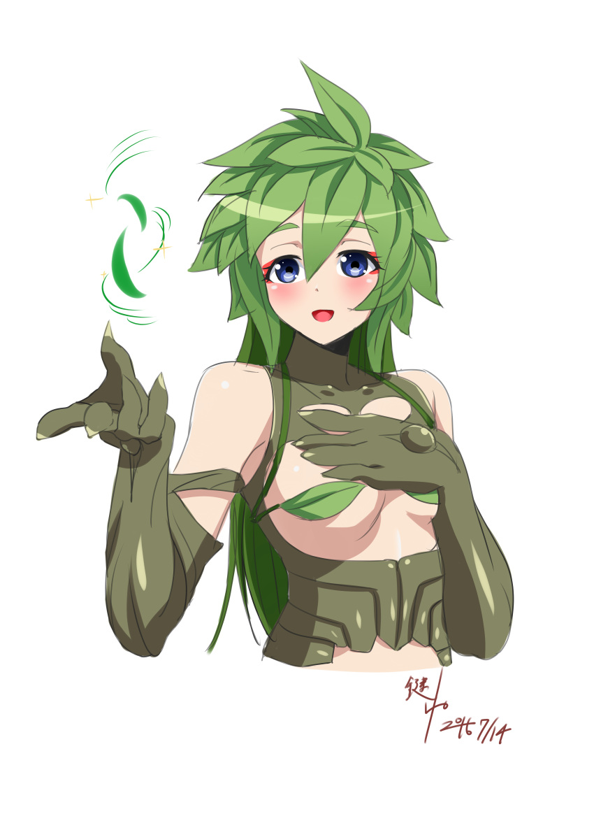 1girl, 2016, absurdres, ahoge, blue_eyes, blush, breasts, covering_nipples
