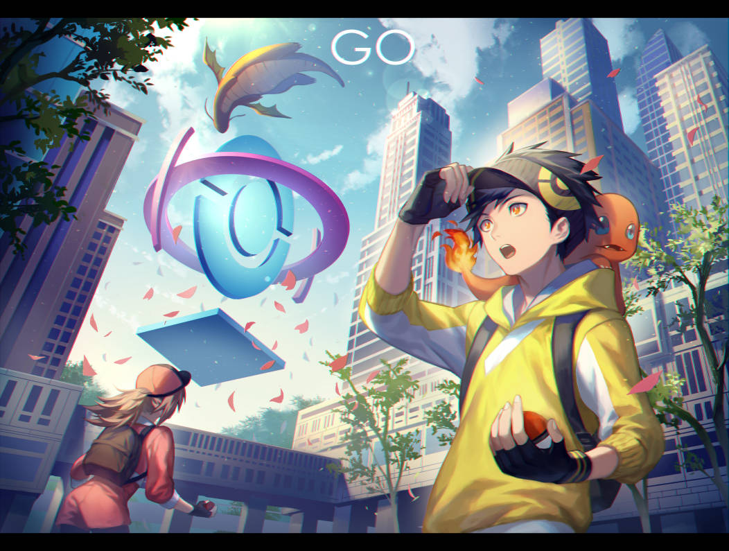1boy, 1girl, adjusting_clothes, adjusting_hat, animal, animal_on_shoulder, back, backpack