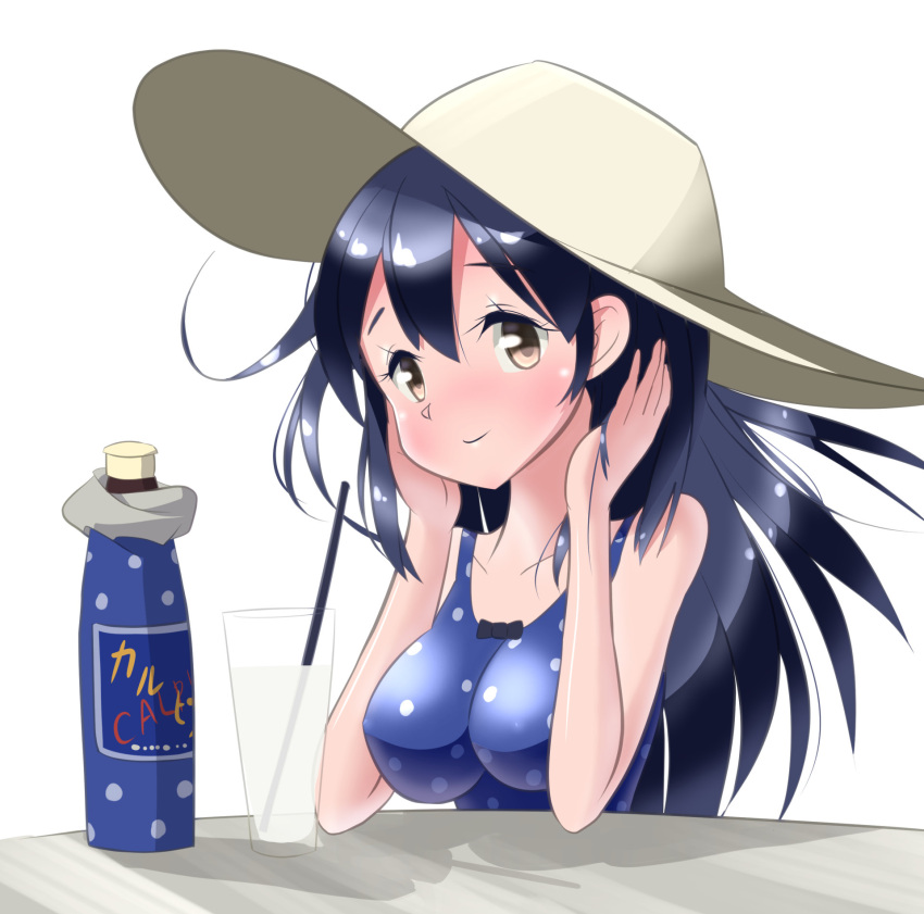 1girl, black_hair, bottle, breasts, calpis, casual_one-piece_swimsuit, drinking_straw, glass, hat, highres, kantai_collection, long_hair, maimai_do, one-piece_swimsuit, polka_dot, polka_dot_swimsuit, solo, sun_hat, swimsuit, ushio_(kantai_collection), yellow_eyes