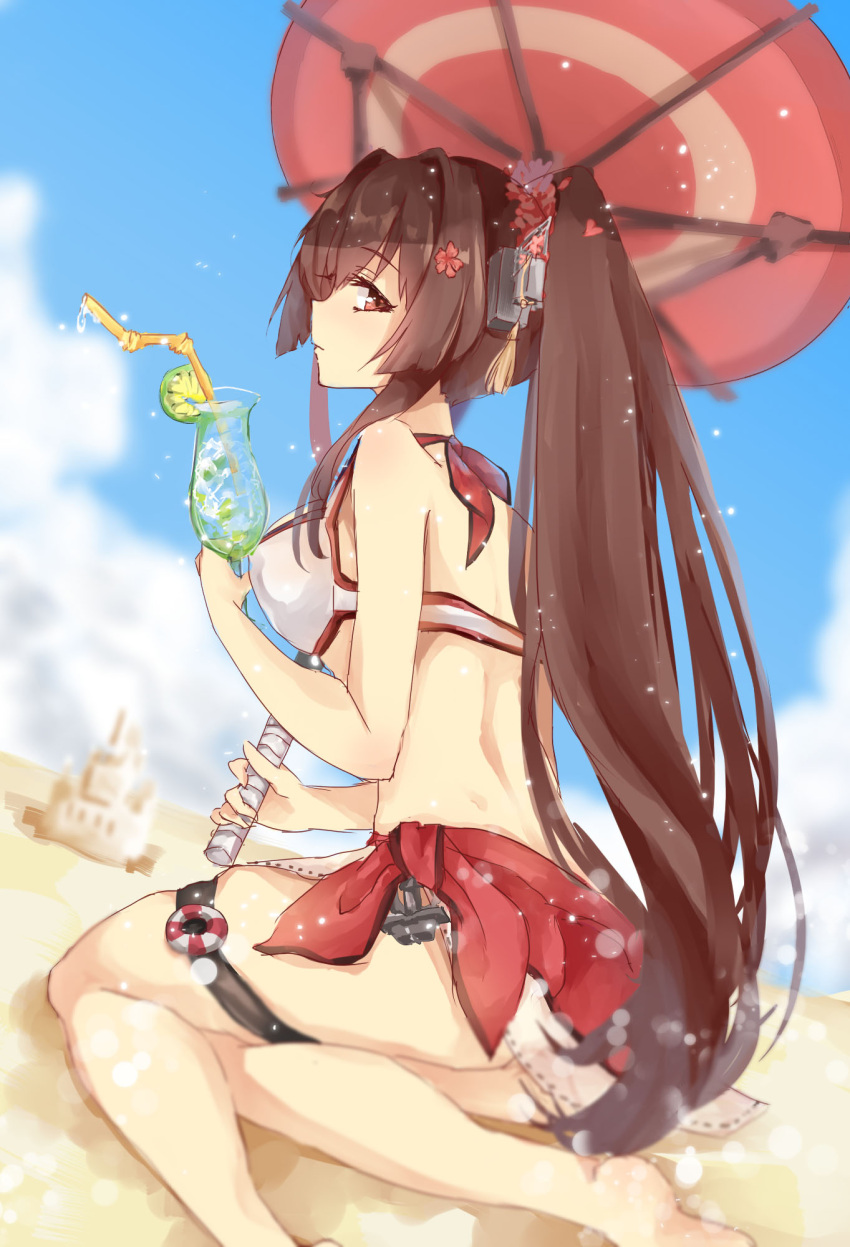 1girl, beach, bikini, breasts, brown_hair, dango_(dangowalolicon), flower, from_behind