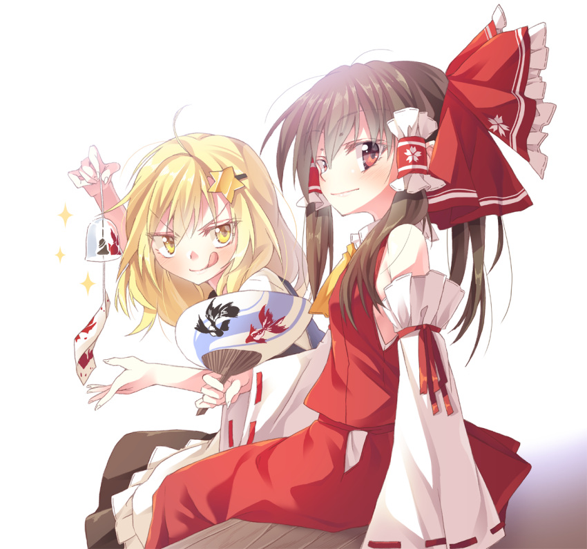 2girls, bow, brown_hair, doyagao, fan, fuurin, hair_bow, hair_ornament, hair_tubes, hakurei_reimu, ina_(inadahime), kirisame_marisa, multiple_girls, paper_fan, raised_eyebrow, red_eyes, sparkle, star_hair_ornament, tongue, tongue_out, touhou, uchiwa, wind_chime