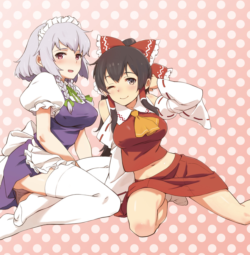 2girls, bare_shoulders, bow, braid, brown_eyes, brown_hair, covered_nipples, detached_sleeves