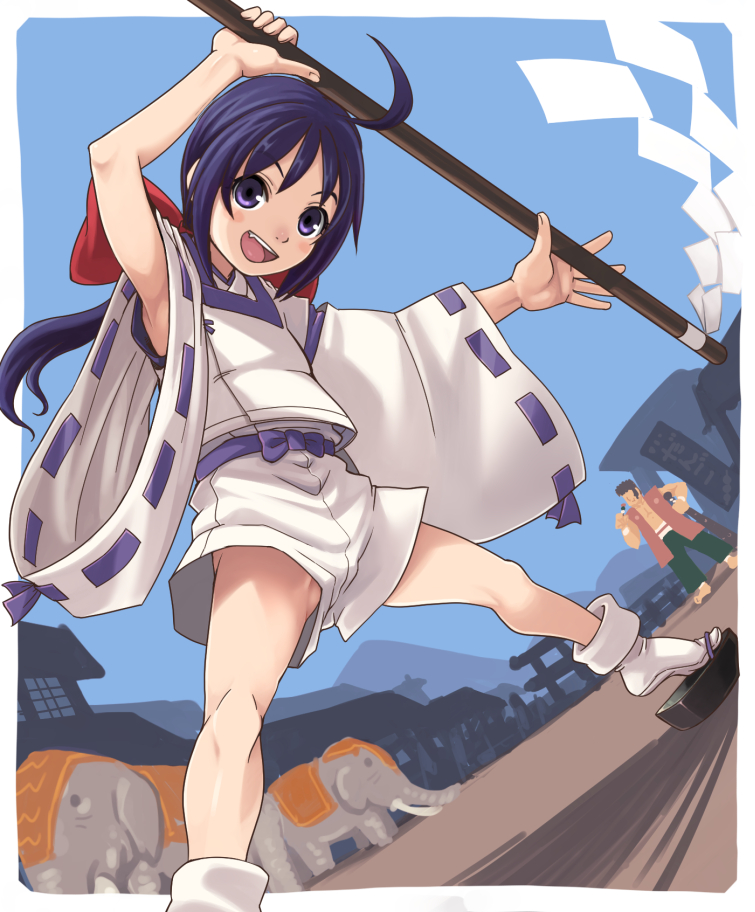 1boy, 1girl, :d, ahoge, armpits, bow, dutch_angle, elephant