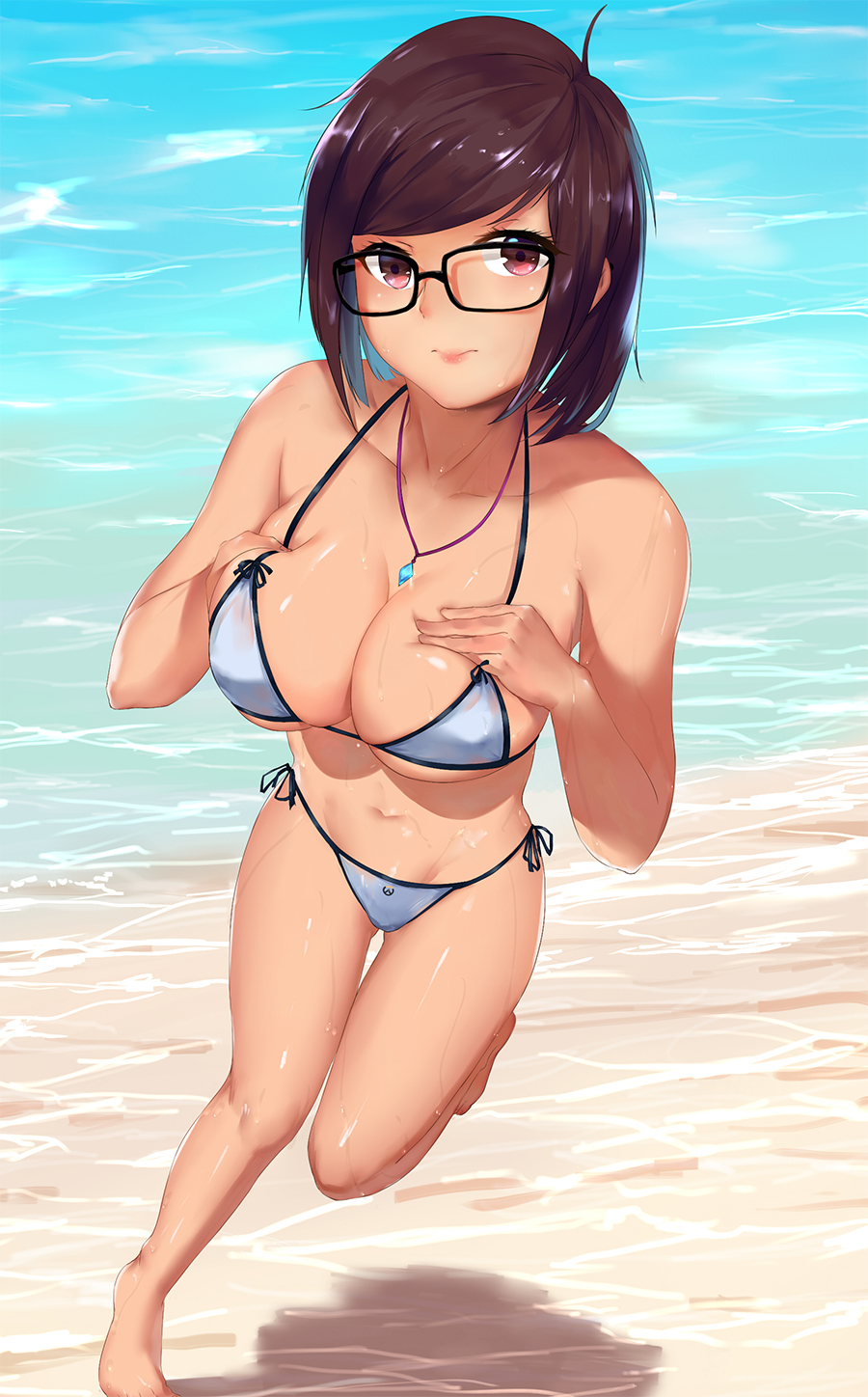 1girl, alternate_hairstyle, bangs, bare_shoulders, barefoot, beach, bikini, black-framed_eyewear