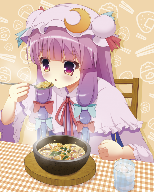 15_(tooka), 1girl, crescent, crescent_hair_ornament, eating, hair_ornament, hat, long_hair, mob_cap, patchouli_knowledge, purple_hair, solo, sweatdrop, touhou, violet_eyes