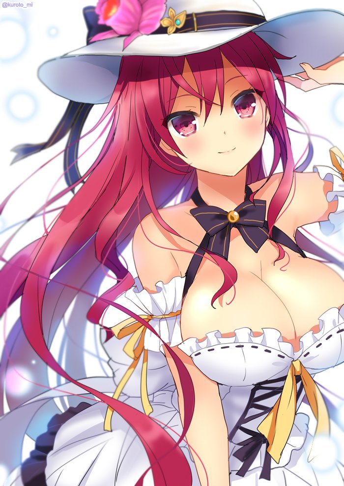 1girl, alternate_costume, breasts, cattleya_(flower_knight_girl), cleavage, dress, flower_knight_girl, hat, kurot, large_breasts, long_hair, red_eyes, redhead, smile, solo