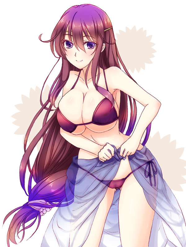 1girl, bikini, breasts, cleavage, dahlia_(flower_knight_girl), flower_knight_girl, large_breasts, long_hair, purple_bikini, purple_hair, sarong, see-through, side-tie_bikini, solo, sotogawa_max, swimsuit, tagme, very_long_hair, violet_eyes