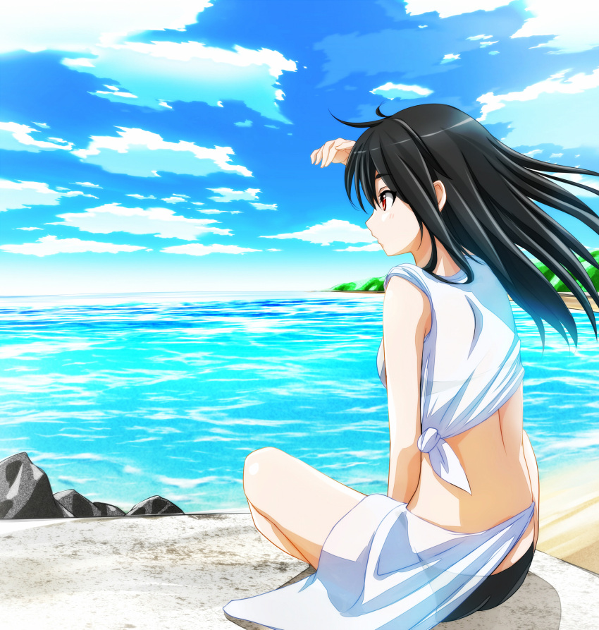 1girl, bikini, black_bikini, black_hair, highres, long_hair, ocean, original