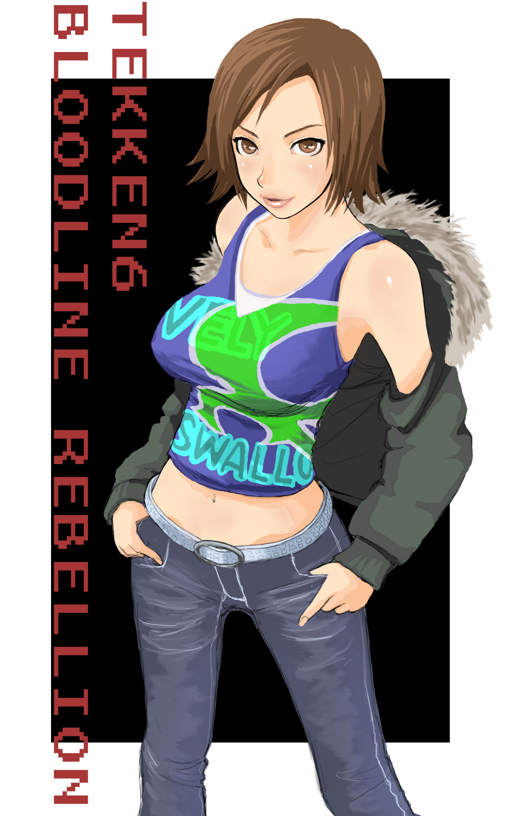 belt, breasts, brown_eyes, brown_hair, casual, denim, hawk_(artist), highres