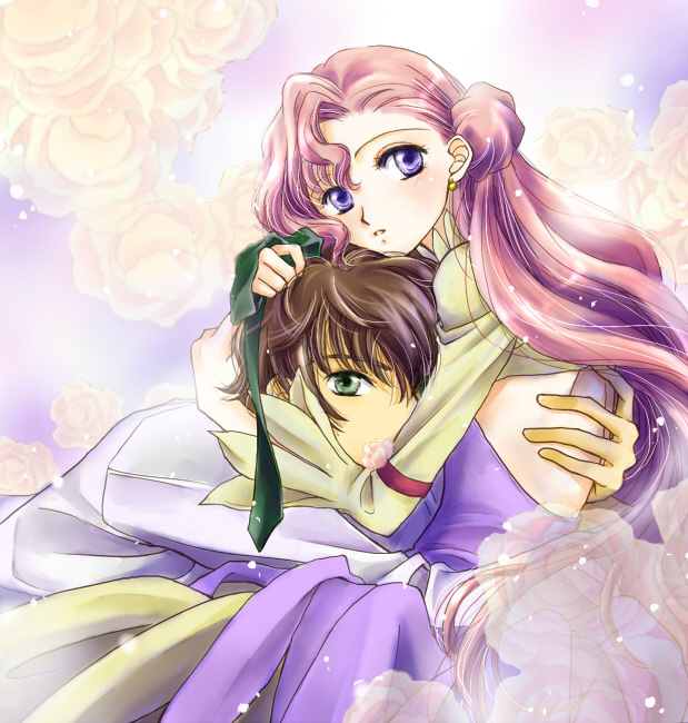 1girl, brown_hair, chin_rest, code_geass, couple, dress, euphemia_li_britannia, green_eyes