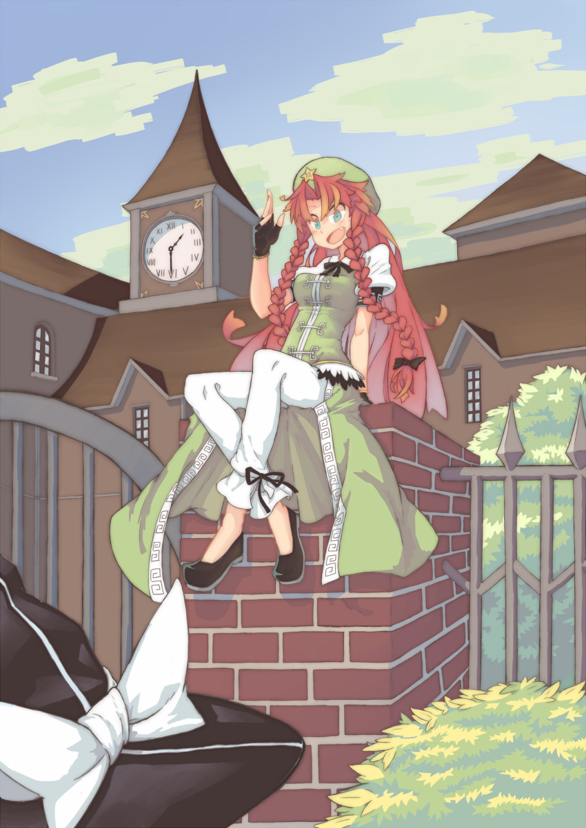 14mango, 2girls, arm_support, blue_eyes, braid, chinese_clothes, crossed_legs, fang