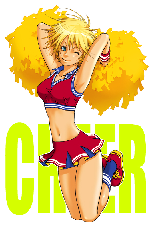 blonde_hair, blue_eyes, breasts, cheerleader, midriff, naval, navel, pom_poms, shoes, short_hair, skirt, sneakers, socks, tachibana_chacha, tachibana_chata, tank_top, wink
