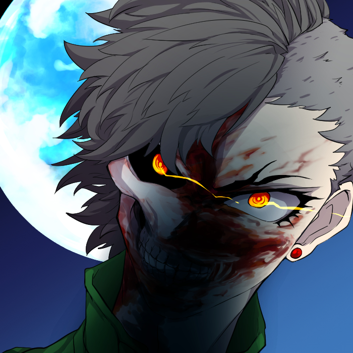 1boy, artist_request, black_sclera, blood, blood_on_face, crazy_eyes, crazy_smile, ear_piercing