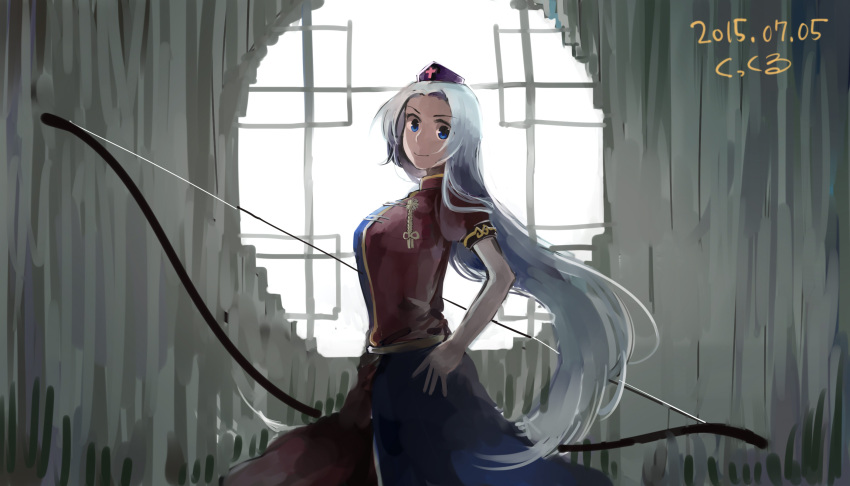 1girl, alternate_hairstyle, artist_name, bow_(weapon), cowboy_shot, dated, dress, from_side