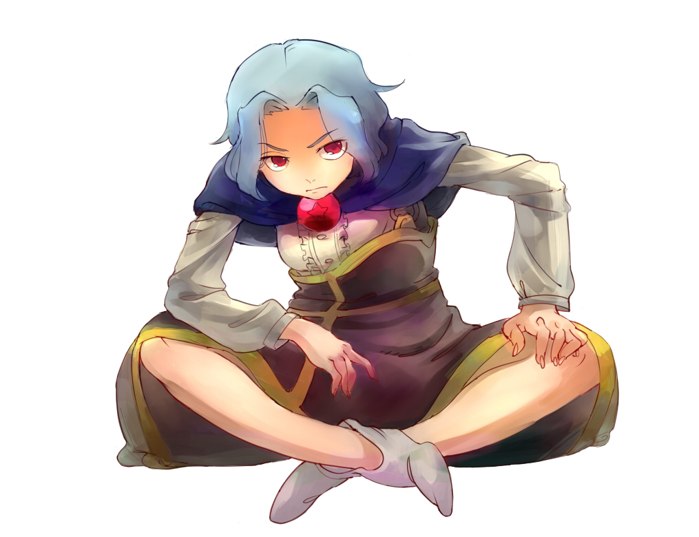 >:(, 1girl, blue_hair, capelet, commentary_request, full_body, hair_intakes, hood