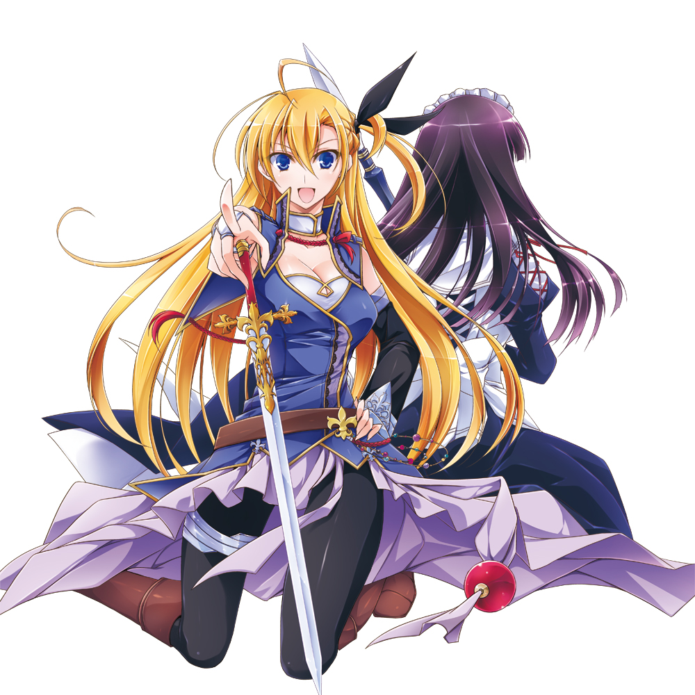 2girls, asio_(asiogimuto), back-to-back, black_legwear, blue_eyes, breasts, cleavage, dress