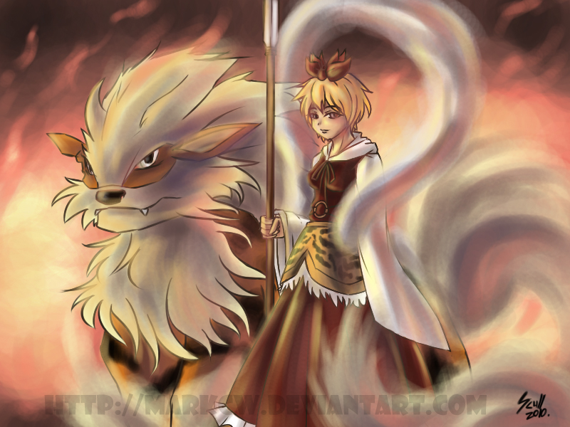 animal_ears, arcanine, blonde_hair, brown_dress, dress, fire, holding, long_sleeves, pokemon, scull, shawl, tiger, tiger_print, toramaru_shou, touhou, trait_connection