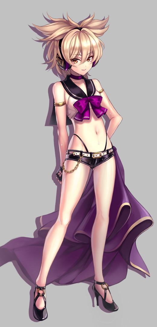 1girl, adapted_costume, belt, brown_eyes, brown_hair, cape_removed, chain, grey_background