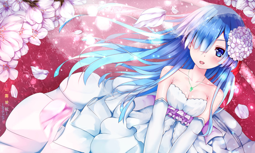 1girl, bare_shoulders, blue_eyes, blue_hair, bridal_veil, bride, chao_wu_xing_xian, dress