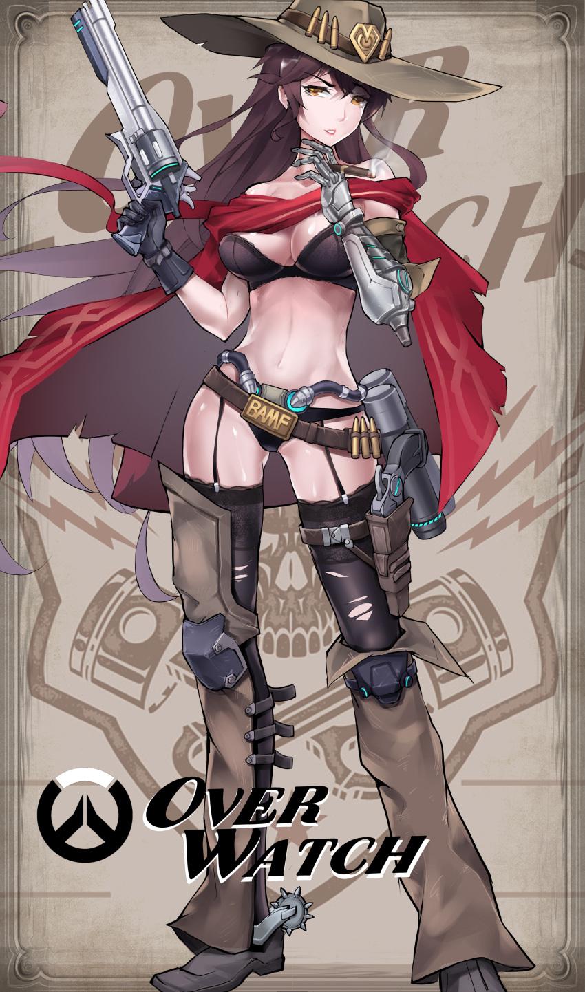 1girl, absurdres, alternate_hair_length, alternate_hairstyle, ammunition, bandolier, bangs, bare_shoulders, belt, between_fingers, black_bra, black_gloves, black_panties, boots, bra, breasts, brown_eyes, brown_hair, cape, captain_chengsi, chaps, cigar, cleavage, collarbone, contrapposto, cowboy_hat, detached_sleeves, eyebrows, eyebrows_visible_through_hair, female, garter_straps, genderswap, genderswap_(mtf), gloves, gun, handgun, hands_up, hat, highres, holster, jewelry, knee_pads, large_breasts, lips, long_hair, looking_at_viewer, mccree_(overwatch), mechanical_hand, midriff, navel, necklace, overwatch, panties, pink_lips, pistol, poncho, red_cape, revolver, sheath, sheathed, single_glove, single_sleeve, smoke, solo, spurs, standing, stomach, thigh-highs, thigh_boots, thigh_holster, torn_cape, underwear, very_long_hair, weapon