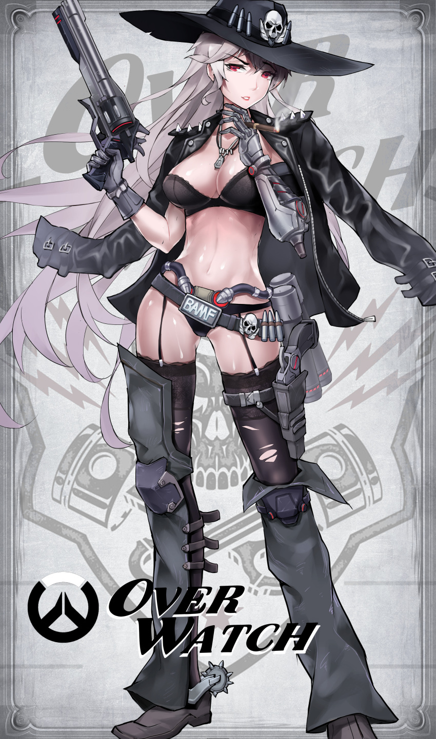 1girl, absurdres, alternate_eye_color, alternate_hair_color, alternate_hair_length, alternate_hairstyle, ammunition, bandolier, bangs, belt, between_fingers, black_bra, black_jacket, black_panties, boots, bra, breasts, captain_chengsi, chaps, cigar, cleavage, cowboy_hat, eyebrows, eyebrows_visible_through_hair, genderswap, genderswap_(mtf), gun, handgun, hat, highres, holster, jacket, jacket_on_shoulders, jewelry, knee_pads, large_breasts, lips, long_hair, looking_at_viewer, mccree_(overwatch), mechanical_hand, midriff, navel, necklace, overwatch, panties, pink_lips, pistol, red_eyes, revolver, sheath, sheathed, smoke, solo, spurs, standing, stomach, thigh-highs, thigh_boots, thigh_holster, underwear, weapon