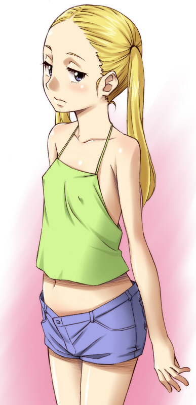 blue_eyes, blush, erect_nipples, flat_chest, hands, long_hair, midriff, navel