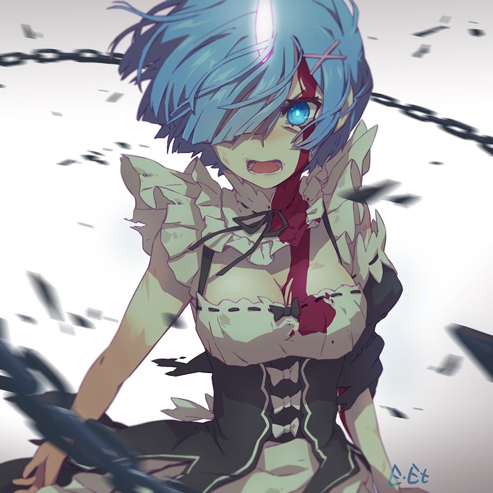 1girl, blood, blood_on_breasts, blood_on_face, bloody_clothes, blue_eyes, breasts, chain