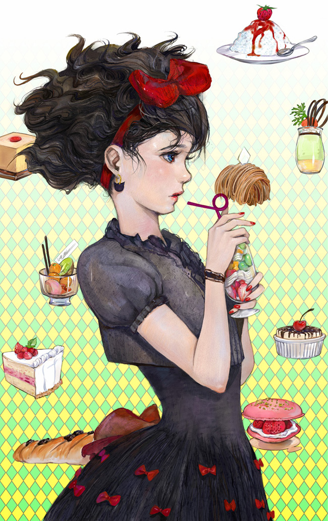 amatiz, black_hair, blue_eyes, bow, bread, cake, cherry, curly_hair