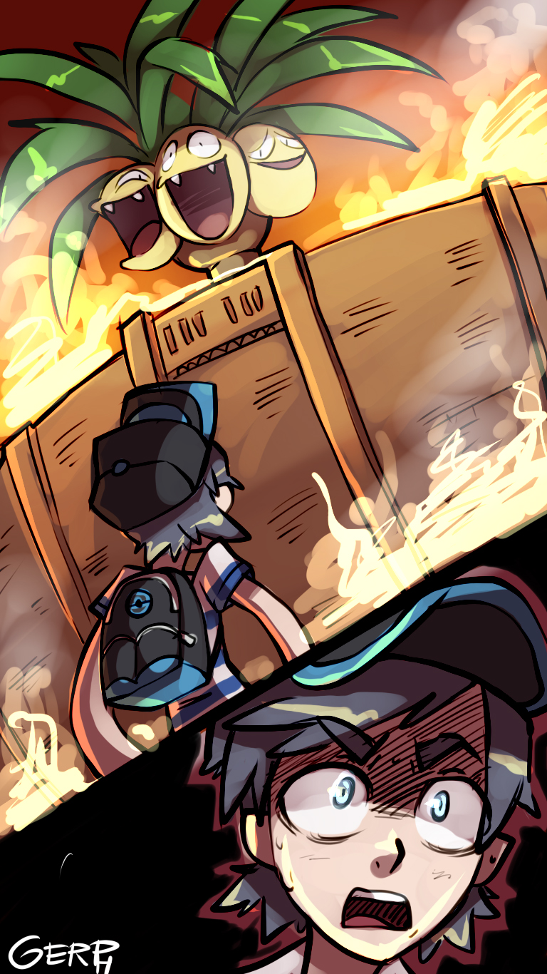 1boy, a_grim_reminder, alolan_exeggutor, artist_name, baseball_cap, black_hair, crossover, exeggutor, fire, gerp, hat, highres, male_protagonist_(pokemon_sm), parody, pokemon, pokemon_(creature), pokemon_(game), pokemon_sm, red_sky, shingeki_no_kyojin, shirt, shocked_eyes, short_hair, sky, striped, striped_shirt, t-shirt, wall