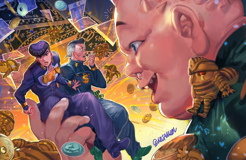 3boys, black_hair, blue_eyes, dollar_sign, facial_mark, gakuran, grey_hair, harvest_(stand)