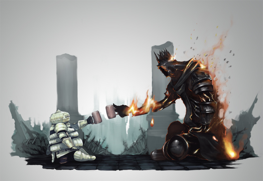 2boys, armor, artist_request, cup, dark_souls, dark_souls_iii, fire, full_armor