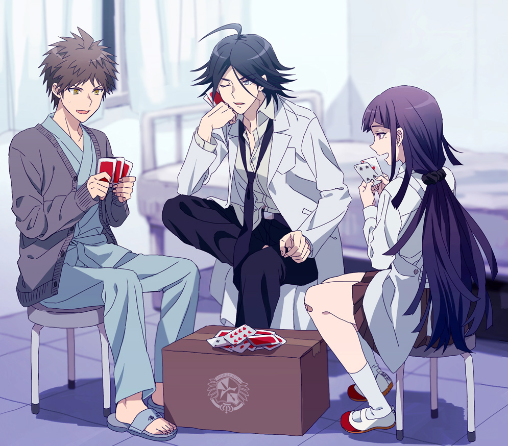 1girl, 2boys, card, dangan_ronpa, dangan_ronpa/zero, doctor, hinata_hajime, long_hair