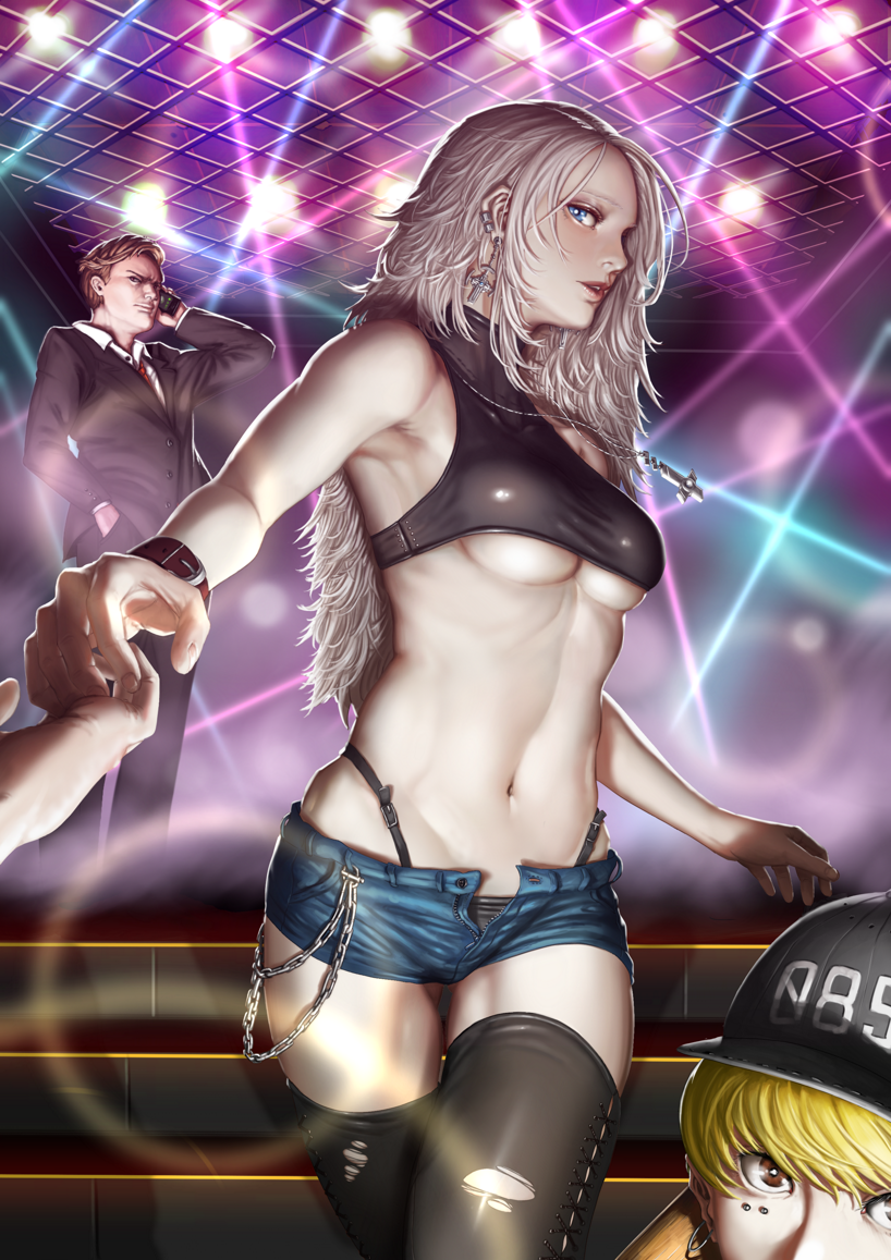 1boy, 1girl, armpits, banajune, bangs, bare_shoulders, black_hat, black_jacket