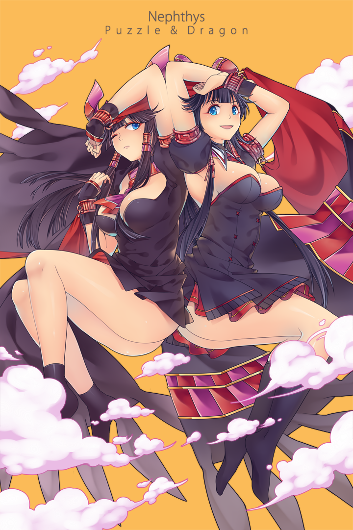 2girls, :d, ;(, armlet, armpits, arms_up, ass, bangs