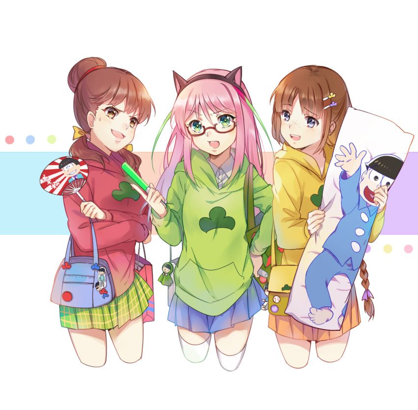 >:d, 3girls, :d, animal_ears, badge, bag, bag_charm, bangs