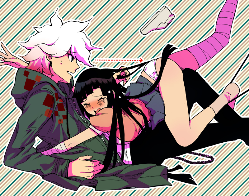 1boy, 1girl, apron, bandages, blush, dangan_ronpa, dosugon, hood